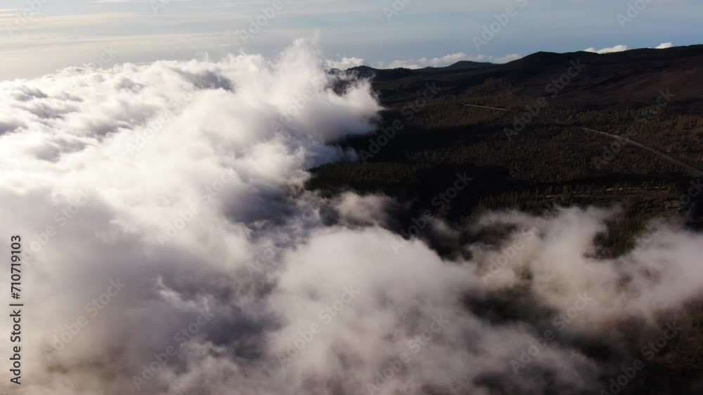 Aerial view of mountain landscape with forest trees and low clouds in Tenerife Island, Canary Island, Spain. Aerial view of mountain landscape with forest trees and low clouds in Tenerife Island, Canary Island, Spain.