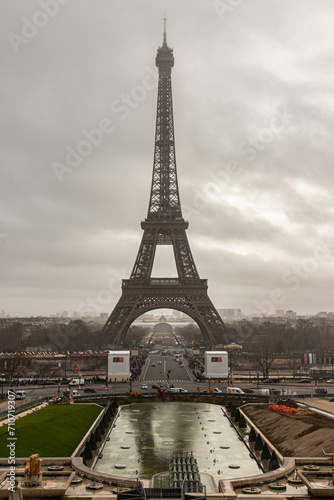 Nice scenery of Eiffel Tower with sky background in Paris. View from Trocadero view point at evening, Destinations in Europe. Space for text, Selective focus.