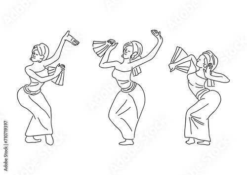 set of simple thin lines of woman Bali dancers