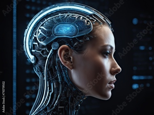 A  woman with a futuristic head and a futuristic interface