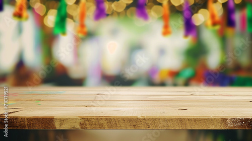 empty wooden oak beige table top and blur of room on a blur mardi gras day decoration background.