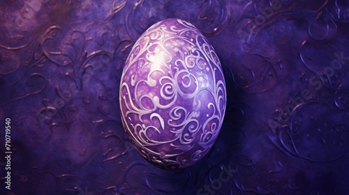  a close up of an easter egg on a purple background with a swirly design on the top of the egg.