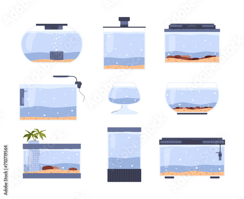Glass home aquarium collection and accessories, different fish tanks set. Stones on sand, and pure water. Cartoon vector illustration isolated on white background