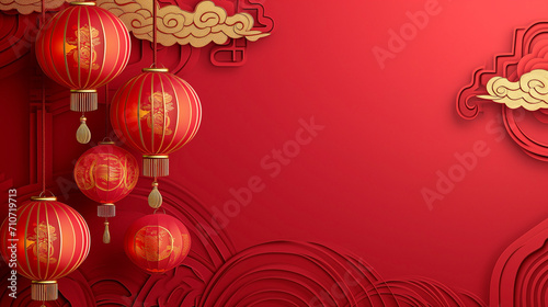 Chinese New Year 2024. Red background with Chinese Lanterns, Clouds, and Flowers