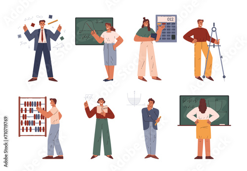 People make mathematical calculations, formulas, equations and graph with mathematician and geometric tools vector set