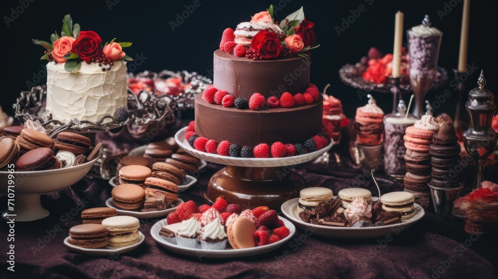 a table topped with cakes and desserts on top of a table covered in chocolate cake and other desserts.