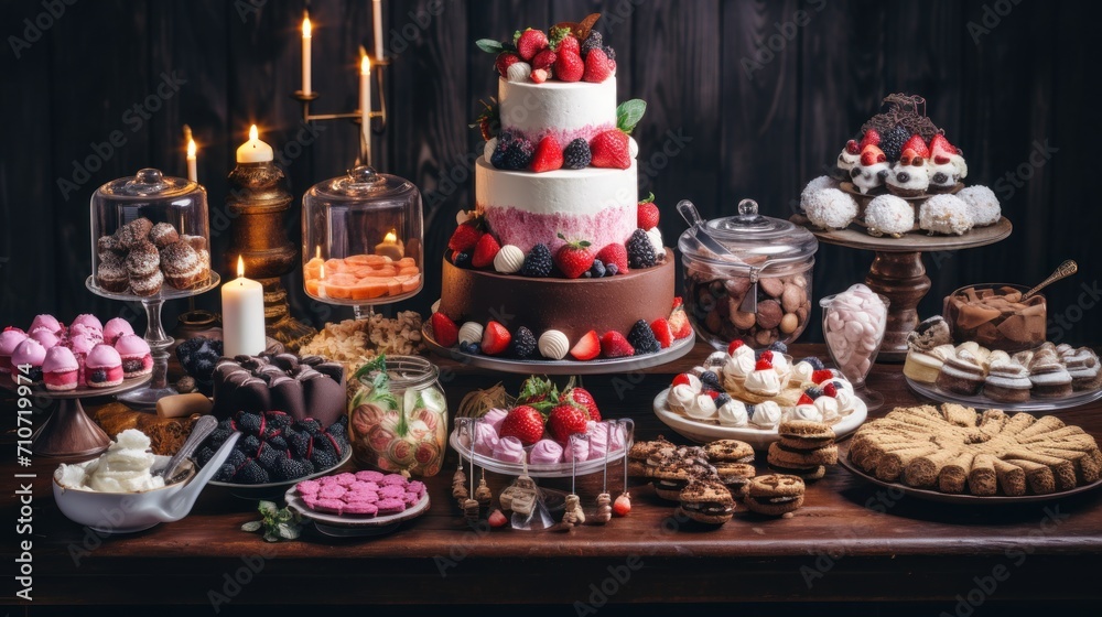  a table topped with a cake covered in lots of different types of cakes and desserts next to lit candles.