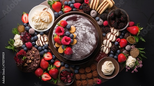  a platter of desserts and pastries arranged in a circle on a black surface with berries, strawberries, raspberries, chocolates, and more.