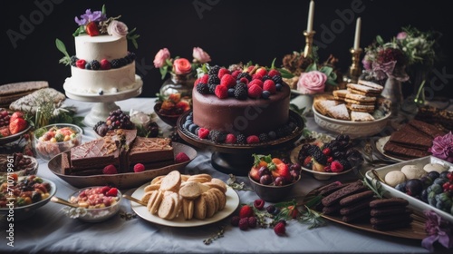  a table topped with lots of different types of desserts and pastries on top of a white table cloth.