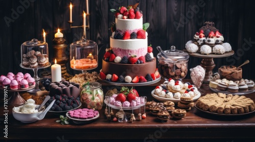  a table topped with a cake covered in lots of different types of cakes and desserts next to lit candles.