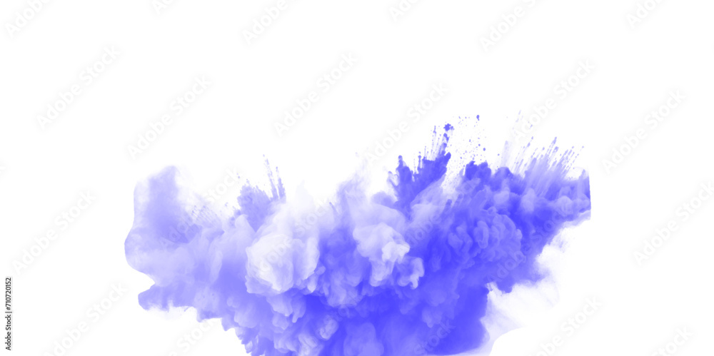 Blue holi paint color powder. Abstract blue dust explosion on white background. Blue holi paint color powder festival explosion burst isolated white background. Blue vibrant rainbow Holi paint color.