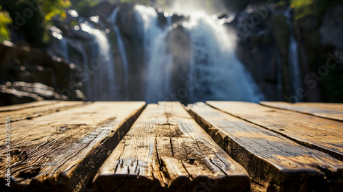 empty wooden rustic table top and blur of waterfall background. AI Generative