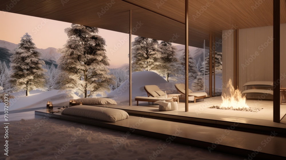 Obraz premium a bedroom with a fireplace in the middle of it and a view of a snowy forest outside of the window.