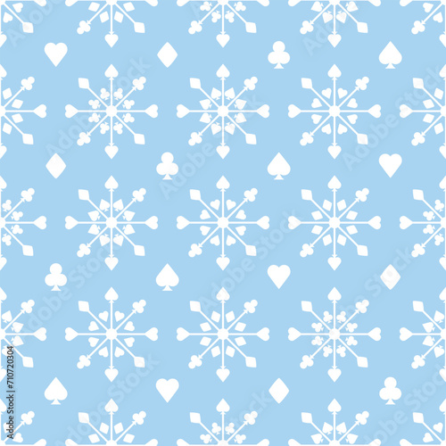 White creative snowflakes made from card suits on blue background. Seamless pattern, ornament of simple line repeat snow flake and playing card suits diamonds, clubs, hearts, spades.