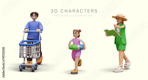 3D vector characters of different ages and genders. Man with empty shopping cart, girl with inflatable ring, woman in sun hat with map. People in action