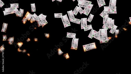 Argentina money banknote fallen from sky then fire burn out for money loss concept