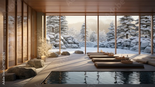  a room filled with lots of windows next to a snow covered forest filled with lots of rocks and snow covered trees.