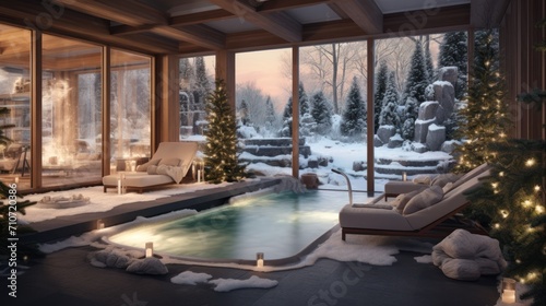  a living room filled with furniture and a hot tub covered in snow next to a large window covered in snow.