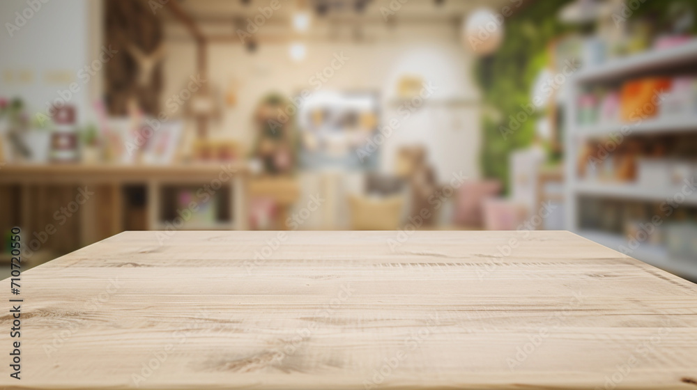 empty wooden table top and blur of room on a blur pet shop decoration background. AI Generative - obrazy, fototapety, plakaty 