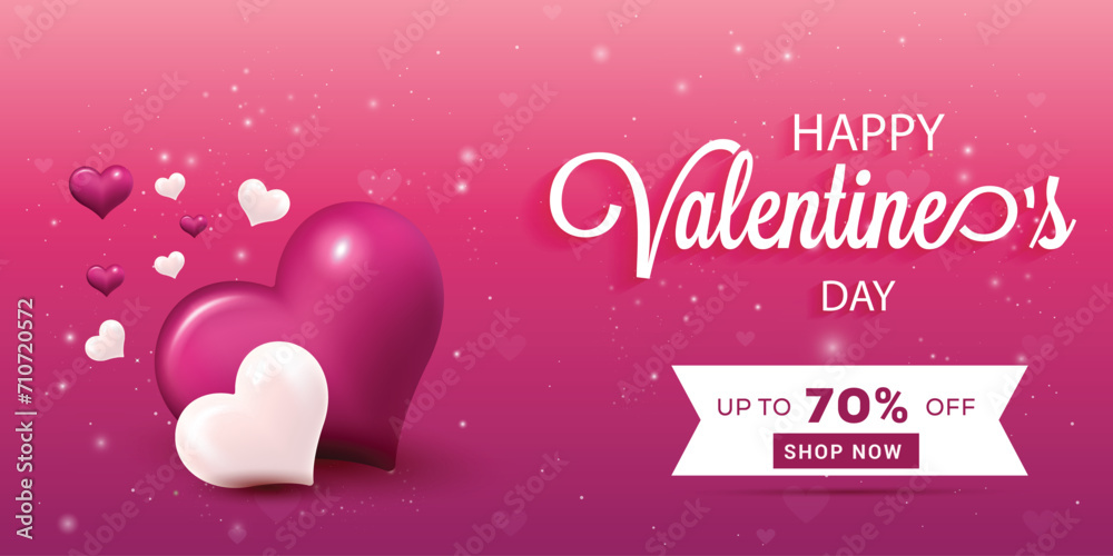 Valentine's Day Theme Realistic Editable Eps Sale Banner, Shiny Background Decoration With White And Purple Hearts