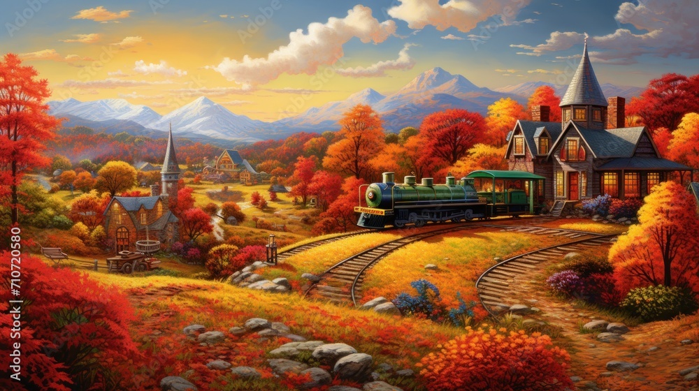  a painting of a train on a train track in a rural area with a church and mountains in the background.