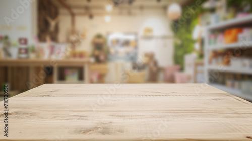 empty wooden table top and blur of room on a blur pet shop decoration background. AI Generative photo