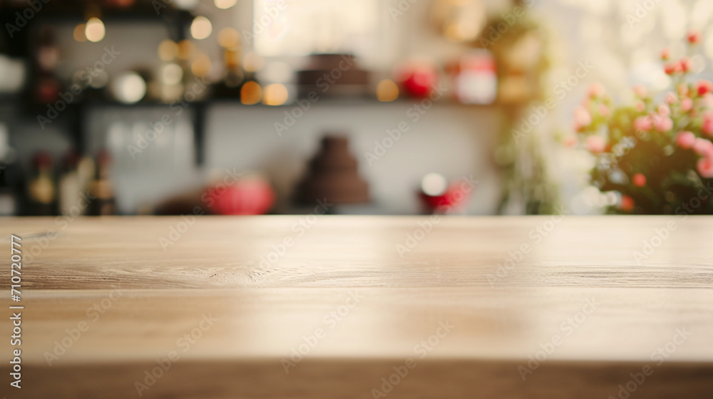 empty wooden oak beige table top and blur of room with a chocolate cake day decoration AI Generative