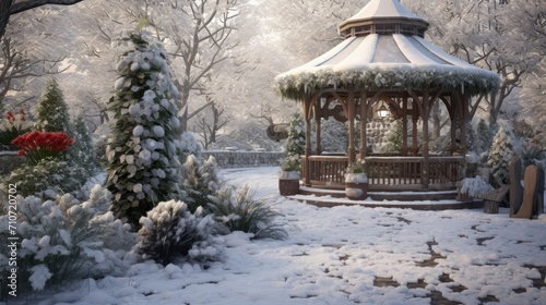  a gazebo in the middle of a snowy park with a lot of snow on the ground and trees in the background.