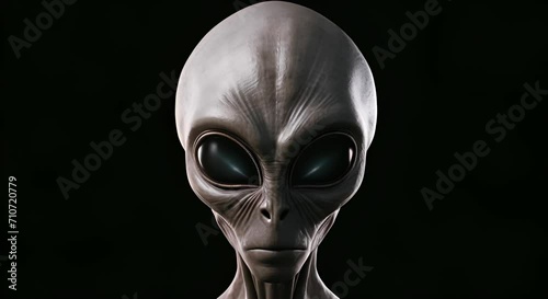 Approaching the face of an alien with large glowing hypnotic eyes and textured skin against a black void background. science fiction, ufology and hypnosis, alien abduction, and supernatural themes. photo