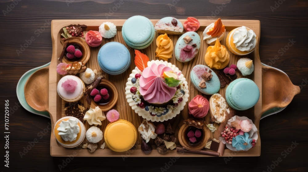  a tray filled with lots of different types of cupcakes on top of a wooden table next to each other.