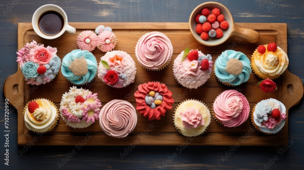  a wooden tray topped with cupcakes next to a cup of coffee and a bowl of raspberries.