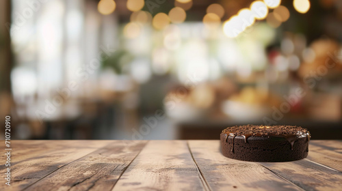 empty wooden oak beige table top and blur of room with a chocolate cake day decoration AI Generative