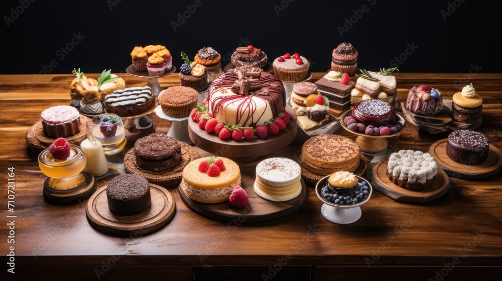 a wooden table topped with lots of different types of cakes and pastries on top of wooden serving platters. a wooden table topped with lots of different types of cakes and pastries on top of wooden serving platters.