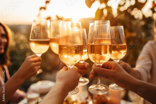 Group of friends toasting wine in outdoor party. Friends hanging out in summer