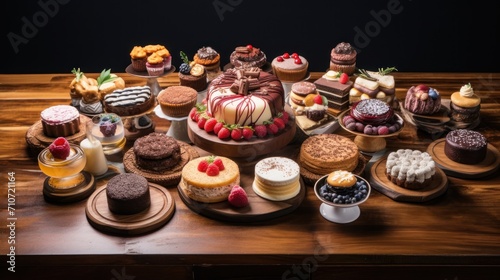  a wooden table topped with lots of different types of cakes and pastries on top of wooden serving platters.