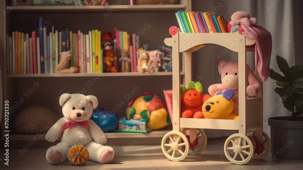  a teddy bear sitting on the floor next to a toy stroller and bookshelf in a child's room.