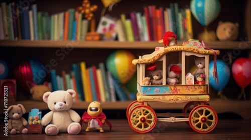  a group of teddy bears sitting next to a toy horse drawn carriage in front of a bookshelf filled with books.