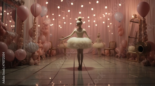  a ballerina in a white tutu standing in front of a room filled with balloons and a bunch of pink and white balloons.