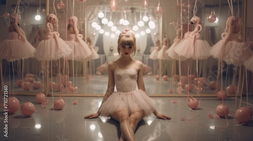  a woman sitting in front of a mirror in a room filled with pink and white ballerinas hanging from the ceiling.