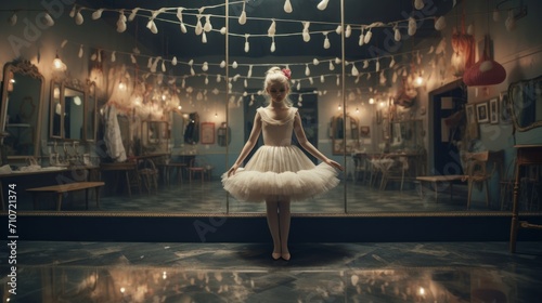  a woman in a white tutu standing in front of a mirror in a room with lights hanging from the ceiling.