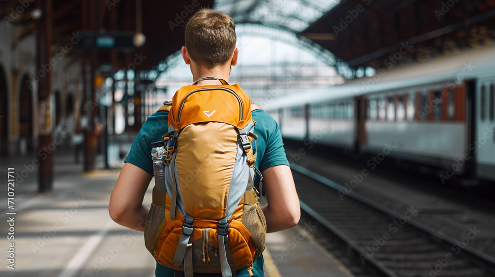 tourist men wearing a tourist backpack on his back, was at railway station. AI Generative