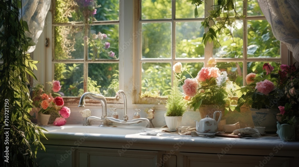  a kitchen sink filled with lots of flowers next to a window with a potted plant on top of it.