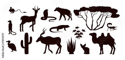 Set of black silhouettes of desert animals flat style, vector illustration