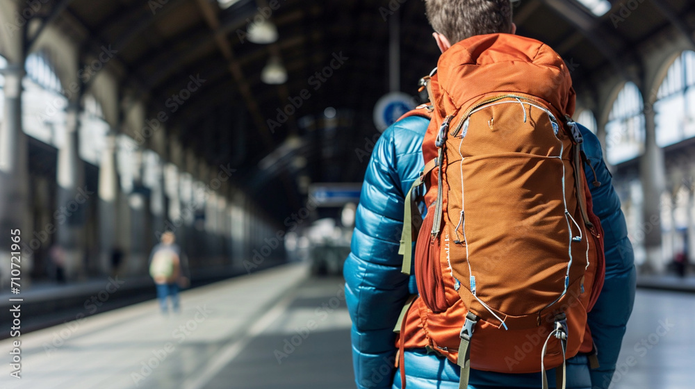 tourist men wearing a tourist backpack on his back, was at railway station. AI Generative