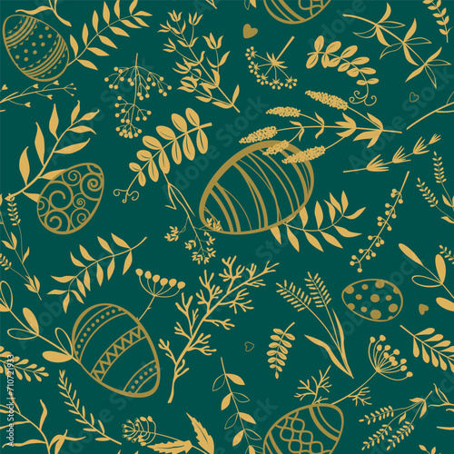 Easter eggs, twigs, herbs and flowers on dark green background. Easter theme. Gold design elements on a dark green background. Vector seamless pattern.