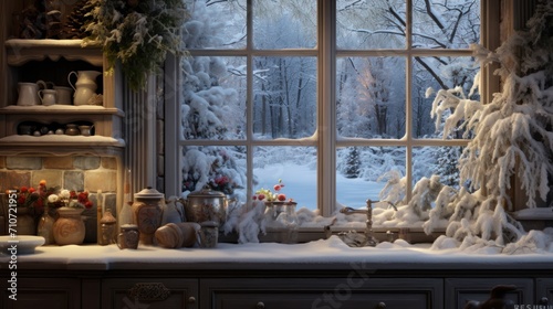  a kitchen counter covered in snow next to a window with a view of a snowy forest outside of the window. © Anna