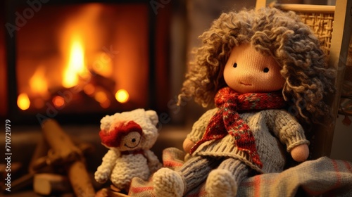  a knitted doll sits next to a teddy bear in front of a fireplace with a plaid blanket on it.