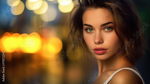 Female portrait closeup. Βeautiful young white brunette tanned woman with red lips looks at camera on street of night city. Concept of nightlife, club, bar, pub. Red and white bokeh lights. Copyspace © brajianni