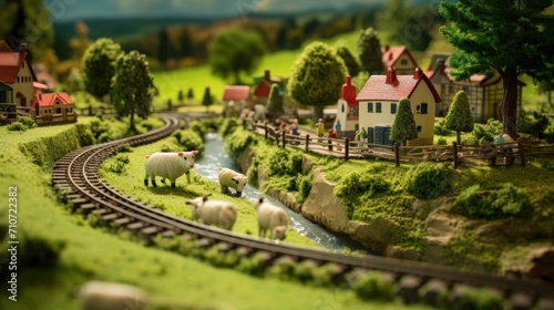  a model of a farm with sheep and a stream of water in the foreground and houses on the other side of the track.