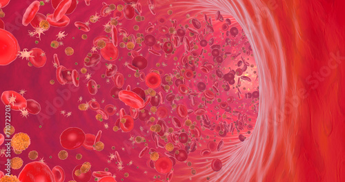 Fotografie Components of blood circulating inside blood vessel - 3d illustration
